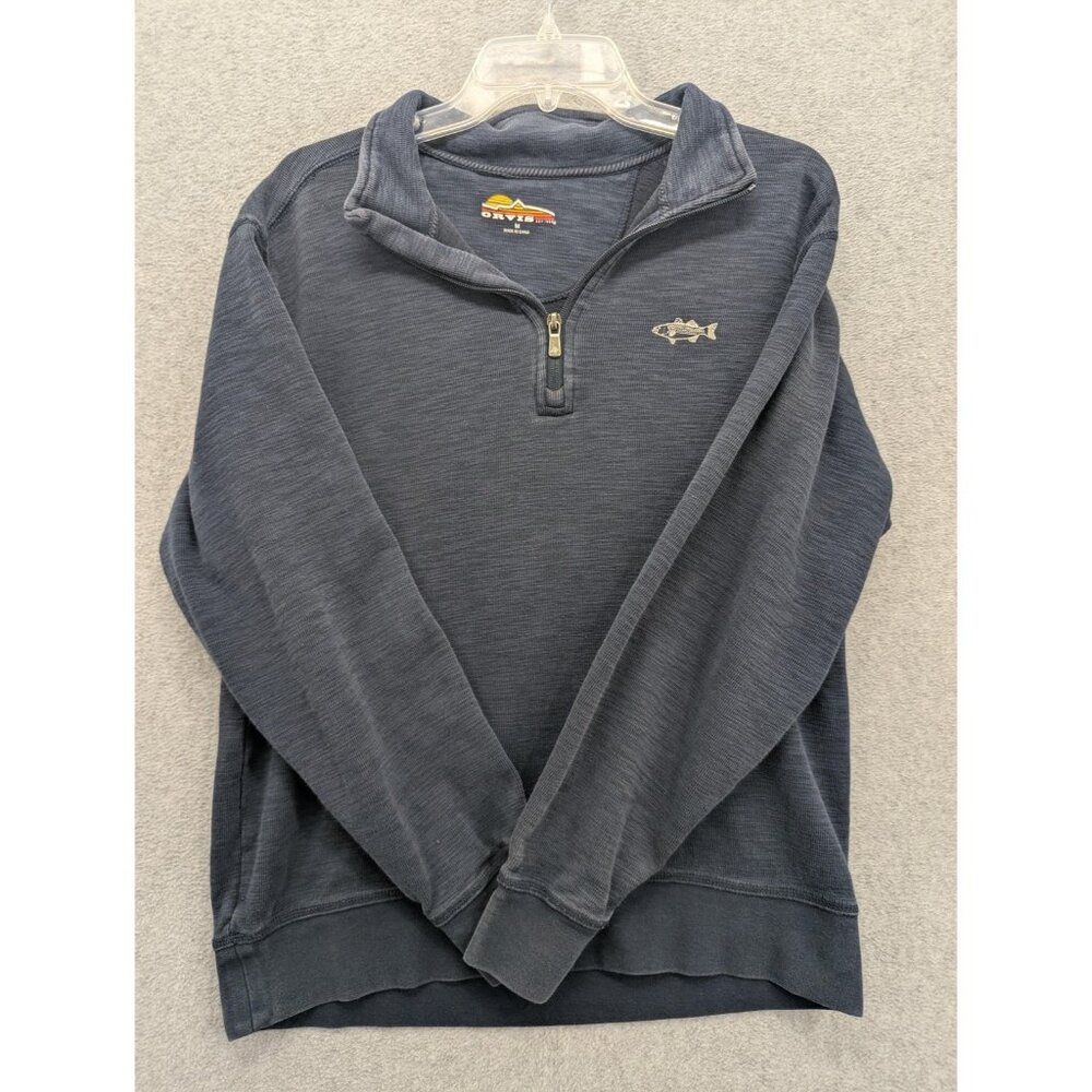 Orvis Sweatshirt Mens Medium Blue 1/4 Zip Fish Embroidered Logo Pullover